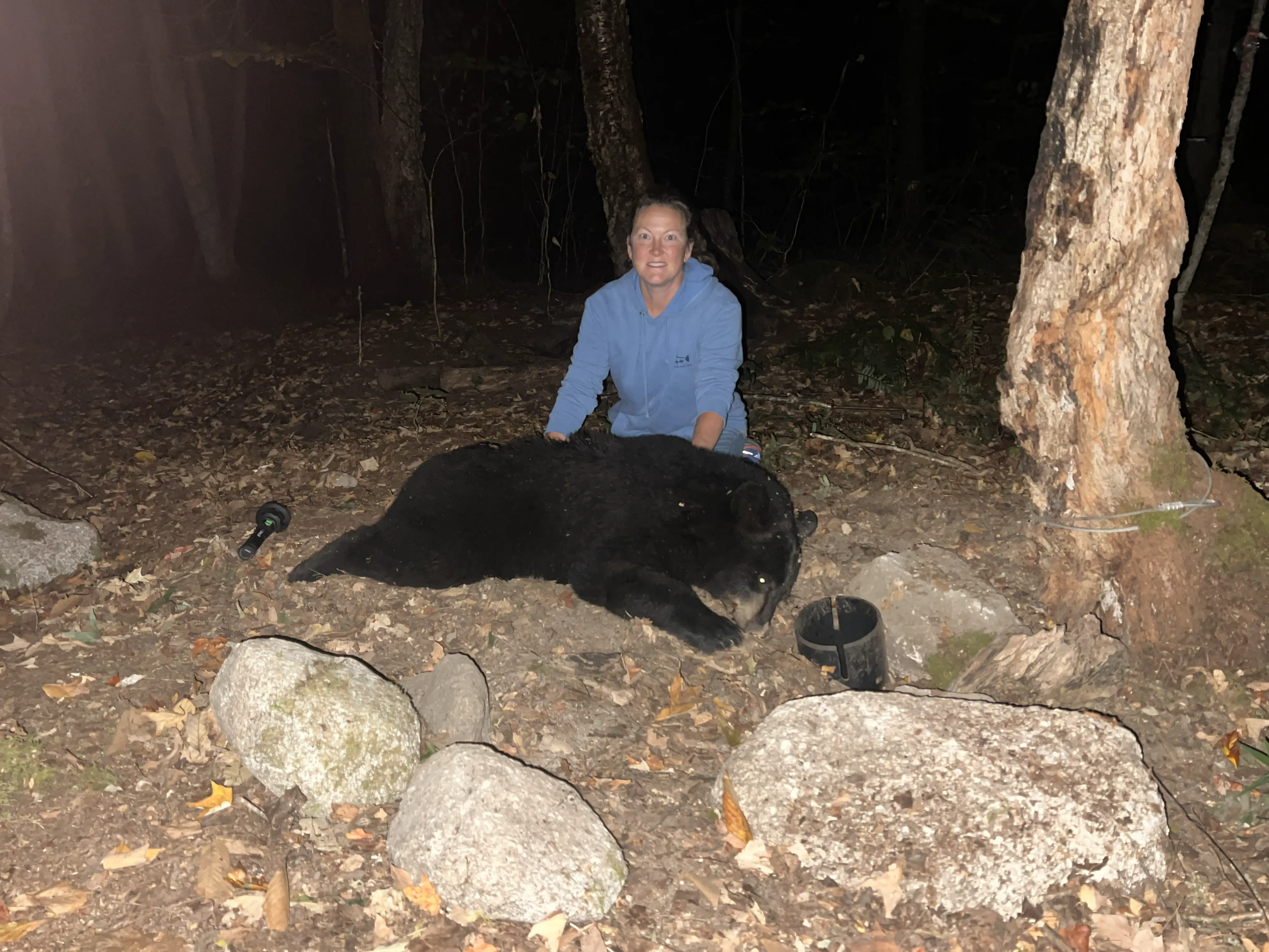 Hunter with trapped black bear
